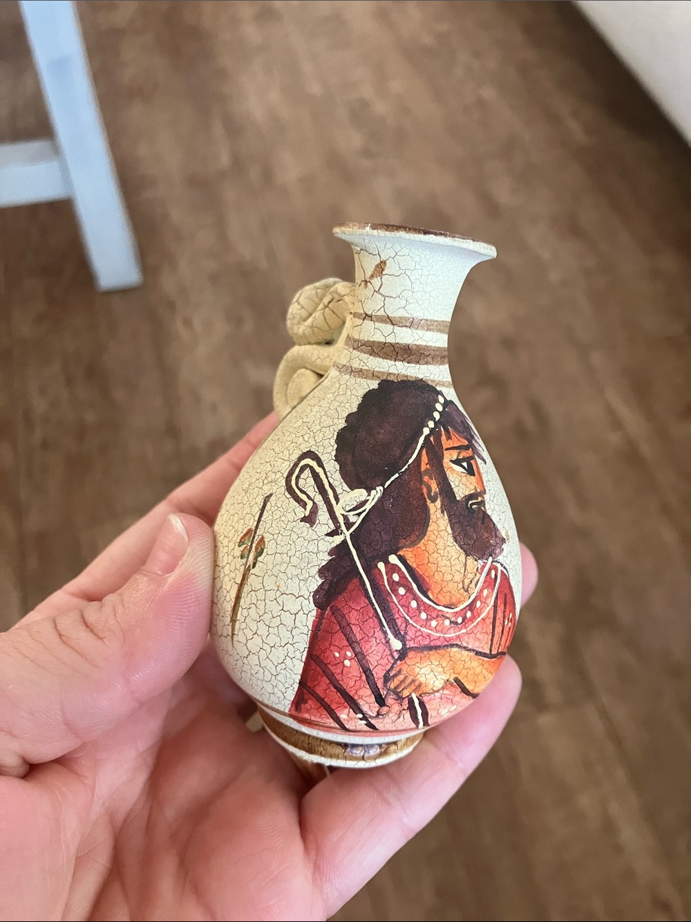 Hand-Painted Miniature Greek-Style Pottery Ceramic Vase in Cream and Red